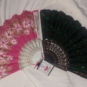 Black Folding Hand Fan with Green Embroidery
